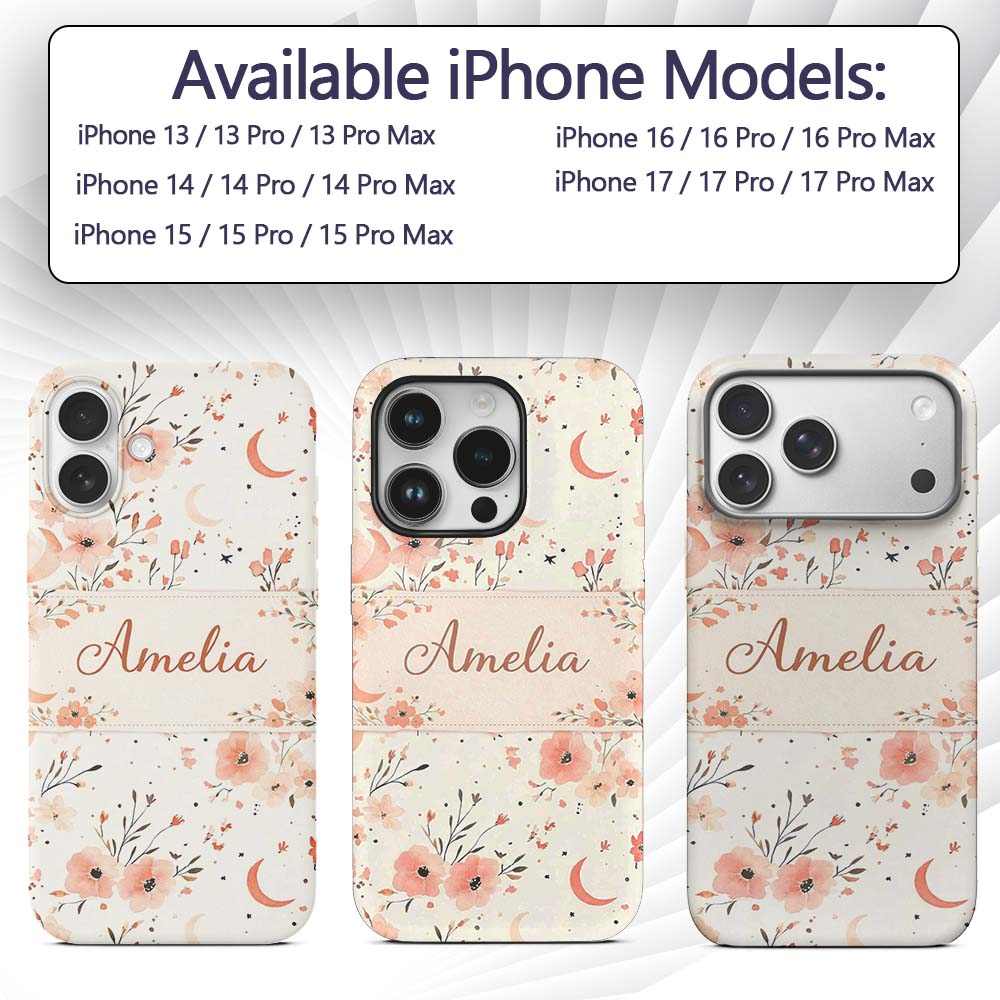 Peach Floral Moon Seamless Pattern Printed Design Custom Name Protective Phone Case Mobile Cover Durable Everyday Smartphone Shock Resistant