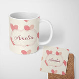 Personalized Custom Name Soft Pink Heart Love Romantic Seamless Pattern Name Cute Unique Gift 11oz Ceramic Coffee Tea Mug White Large Handle