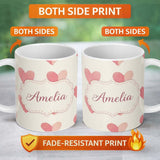 Personalized Custom Name Soft Pink Heart Love Romantic Seamless Pattern Name Cute Unique Gift 11oz Ceramic Coffee Tea Mug White Large Handle