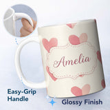 Personalized Custom Name Soft Pink Heart Love Romantic Seamless Pattern Name Cute Unique Gift 11oz Ceramic Coffee Tea Mug White Large Handle