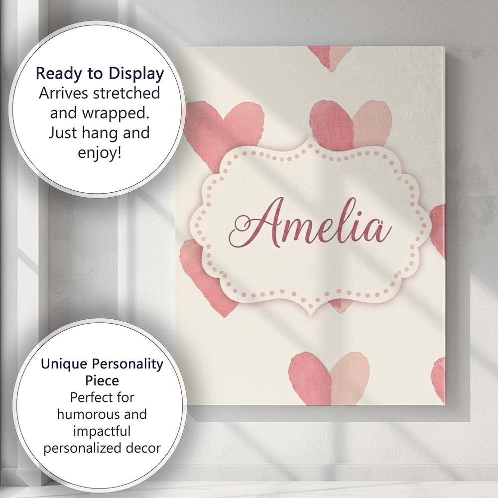 Personalised Name Soft Pink Heart Love Custom  Modern Room Accent Elegant Feature Canvas Wall Art Print Decor Picture Ready to Hang