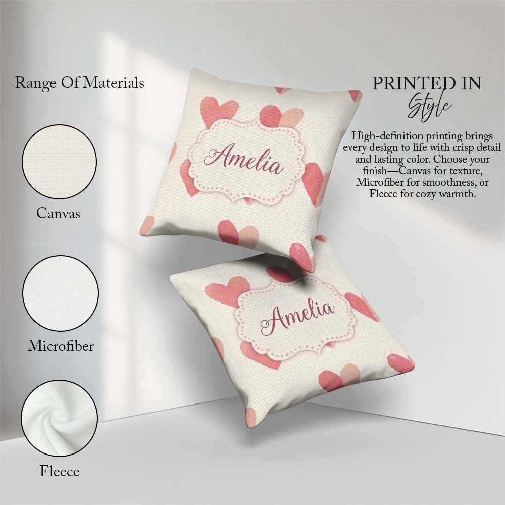 Custom Name Soft Pink Heart Romantic Seamless Pattern Name Cute Square Filled Cushion Throw Pillow Sofa Bed Home Decor Zip Washable UK Made