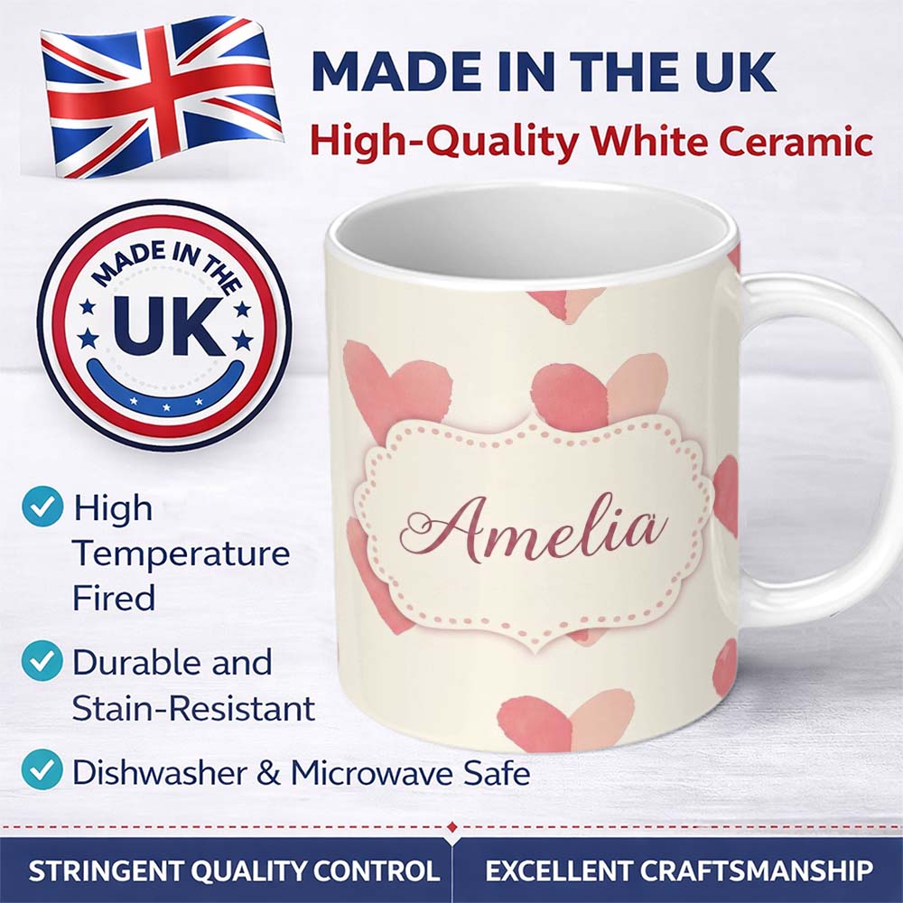 Personalized Custom Name Soft Pink Heart Love Romantic Seamless Pattern Name Cute Unique Gift 11oz Ceramic Coffee Tea Mug White Large Handle