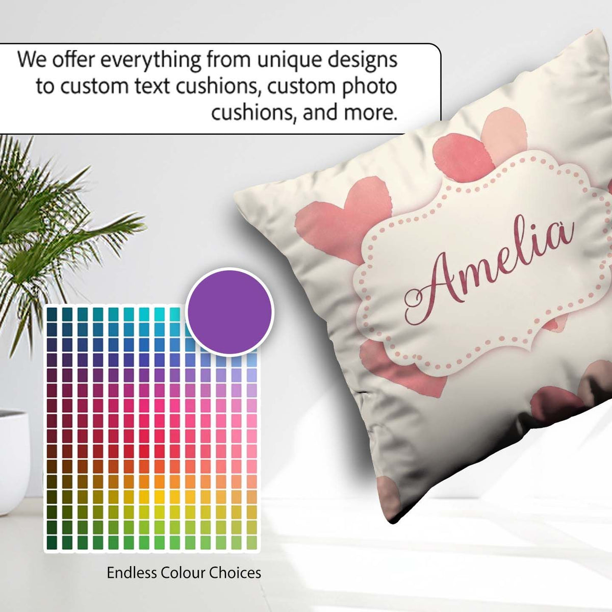 Custom Name Soft Pink Heart Romantic Seamless Pattern Name Cute Square Filled Cushion Throw Pillow Sofa Bed Home Decor Zip Washable UK Made