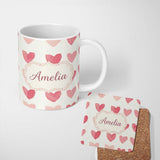 Personalized Custom Name Watercolor Pink Heart Valentines Seamless Pattern Name Cute Unique 11oz Ceramic Coffee Tea Mug White Large Handle