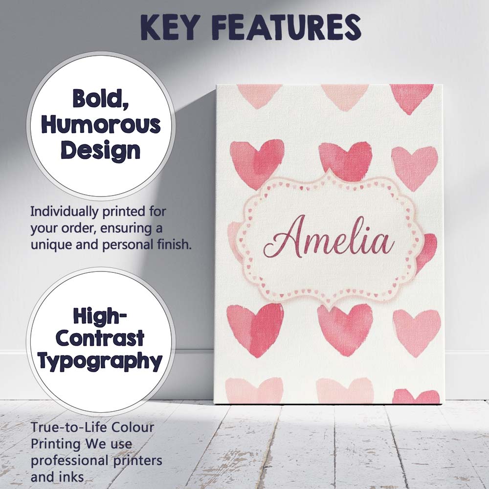 Personalised Name Watercolor Pink Heart Custom  Modern Room Accent Elegant Feature Canvas Wall Art Print Decor Picture Ready to Hang