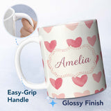 Personalized Custom Name Watercolor Pink Heart Valentines Seamless Pattern Name Cute Unique 11oz Ceramic Coffee Tea Mug White Large Handle