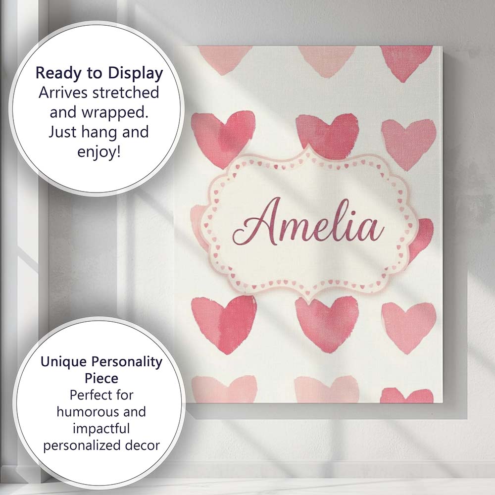 Personalised Name Watercolor Pink Heart Custom  Modern Room Accent Elegant Feature Canvas Wall Art Print Decor Picture Ready to Hang