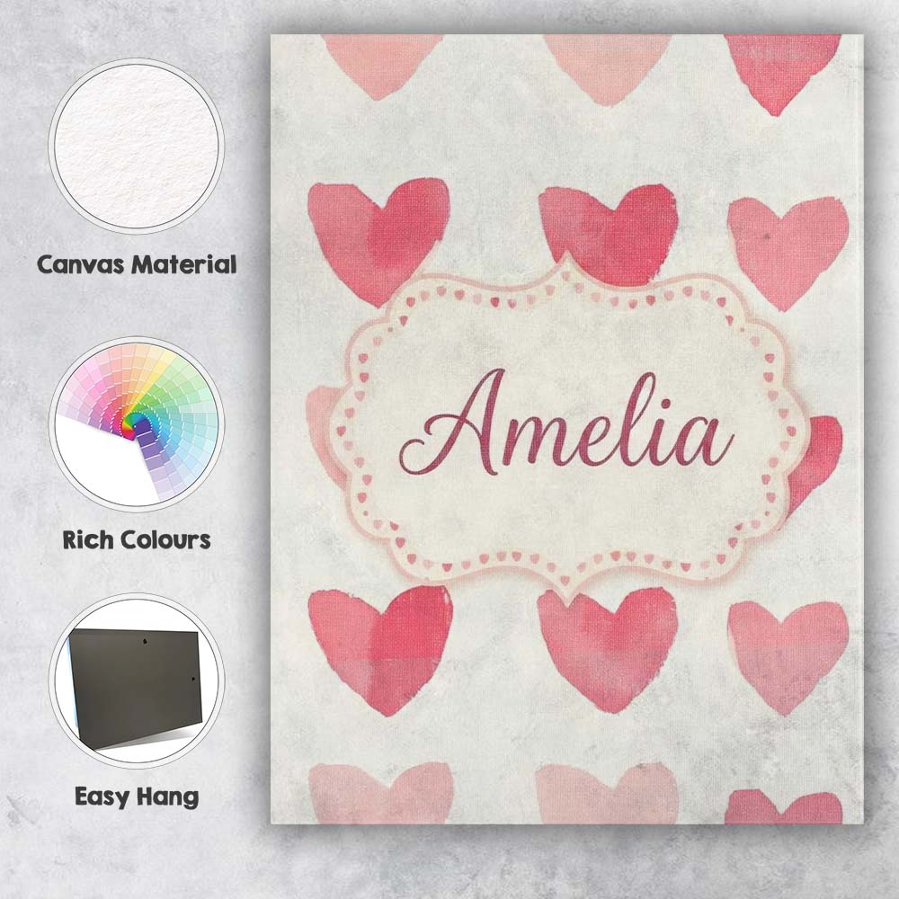 Personalised Name Watercolor Pink Heart Custom  Modern Room Accent Elegant Feature Canvas Wall Art Print Decor Picture Ready to Hang
