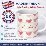 Personalized Custom Name Watercolor Pink Heart Valentines Seamless Pattern Name Cute Unique 11oz Ceramic Coffee Tea Mug White Large Handle