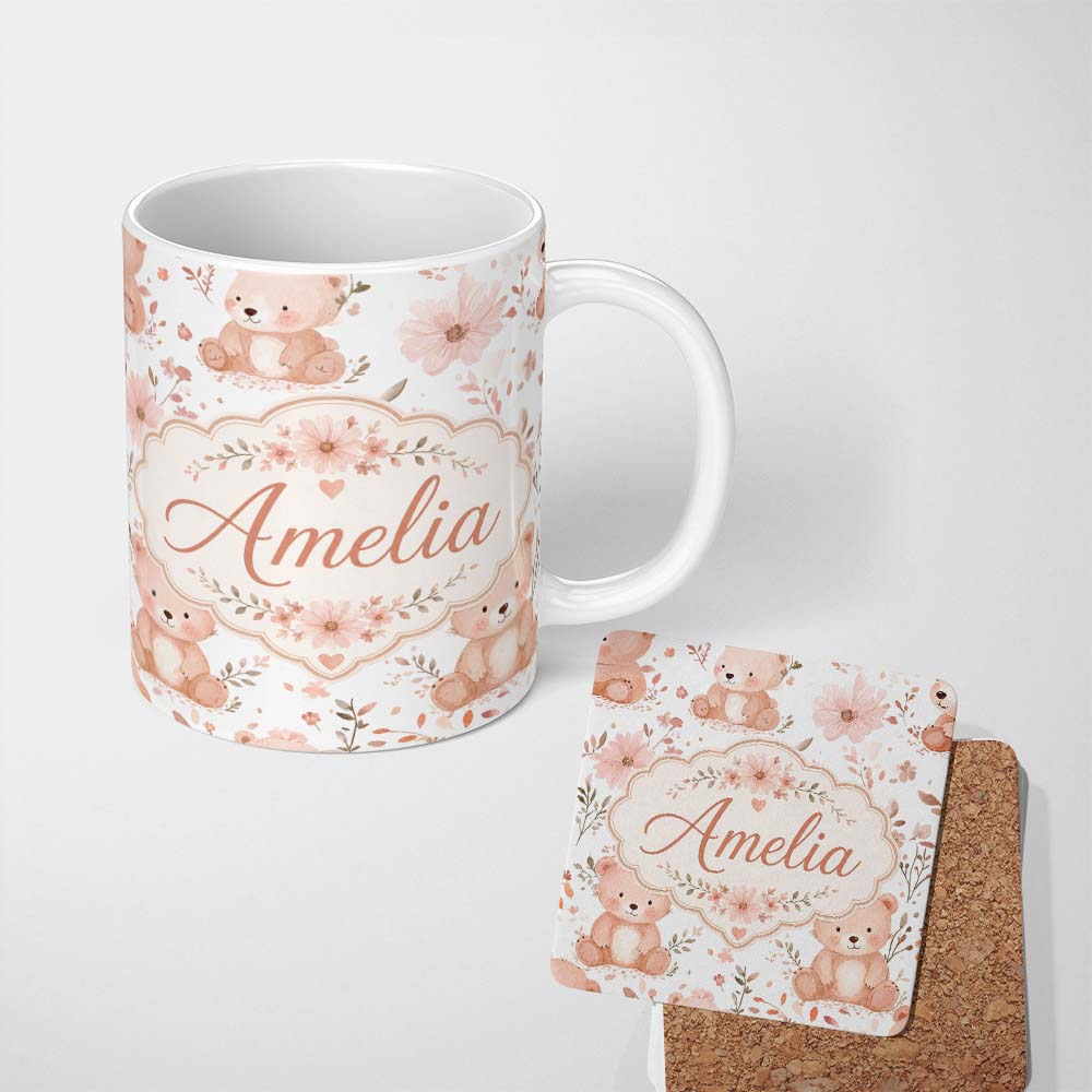 Personalized Custom Name Cute Teddy Bear Floral Pastel Seamless Pattern Name Unique Gift 11oz Ceramic Coffee Tea Mug White Large Handle