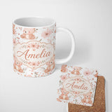 Personalized Custom Name Cute Teddy Bear Floral Pastel Seamless Pattern Name Unique Gift 11oz Ceramic Coffee Tea Mug White Large Handle