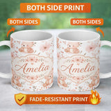 Personalized Custom Name Cute Teddy Bear Floral Pastel Seamless Pattern Name Unique Gift 11oz Ceramic Coffee Tea Mug White Large Handle
