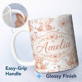 Personalized Custom Name Cute Teddy Bear Floral Pastel Seamless Pattern Name Unique Gift 11oz Ceramic Coffee Tea Mug White Large Handle
