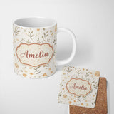 Personalized Custom Name Smiling Sun Floral Nature Cute Seamless Pattern Name Unique Gift 11oz Ceramic Coffee Tea Mug White Large Handle