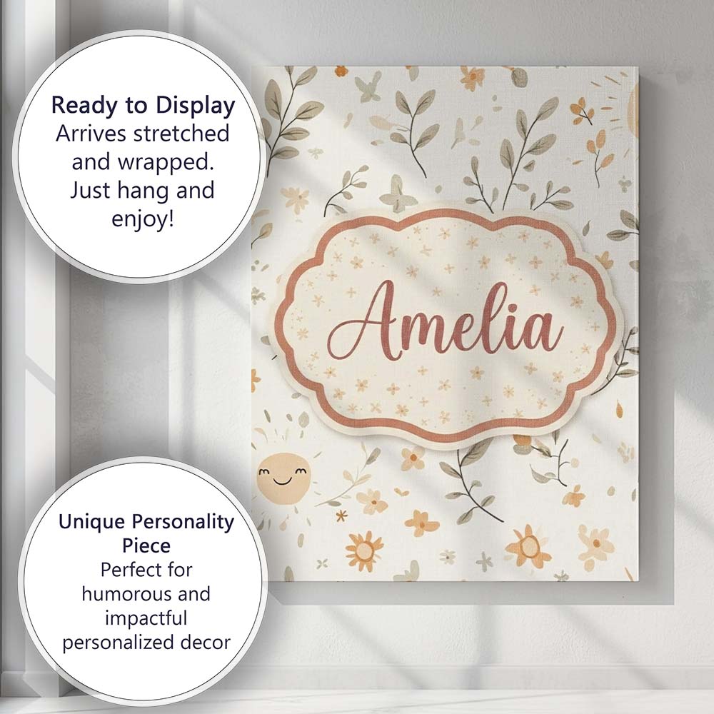 Personalised Name Smiling Sun Floral Nature Custom  Bespoke Interior Contemporary Canvas Wall Art Print Decor Picture Ready to Hang