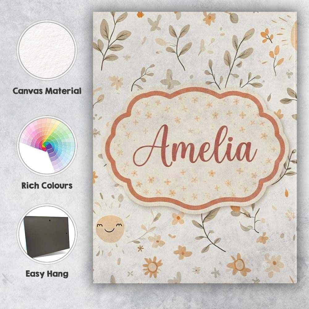 Personalised Name Smiling Sun Floral Nature Custom  Bespoke Interior Contemporary Canvas Wall Art Print Decor Picture Ready to Hang