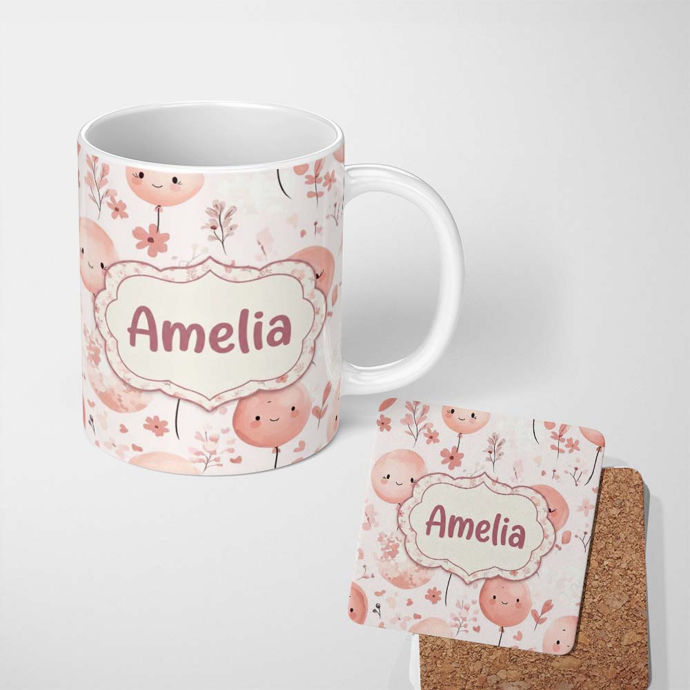 Personalized Custom Name Cute Balloon Pastel Kids Party Seamless Pattern Name Unique Gift 11oz Ceramic Coffee Tea Mug White Large Handle
