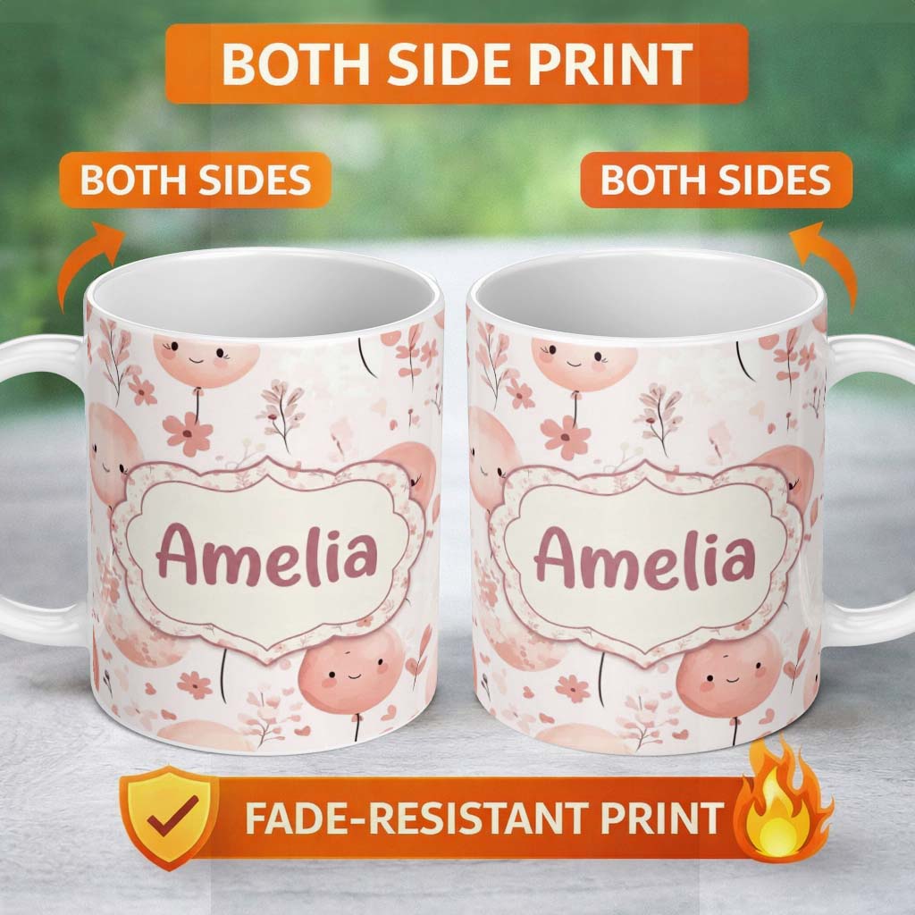 Personalized Custom Name Cute Balloon Pastel Kids Party Seamless Pattern Name Unique Gift 11oz Ceramic Coffee Tea Mug White Large Handle