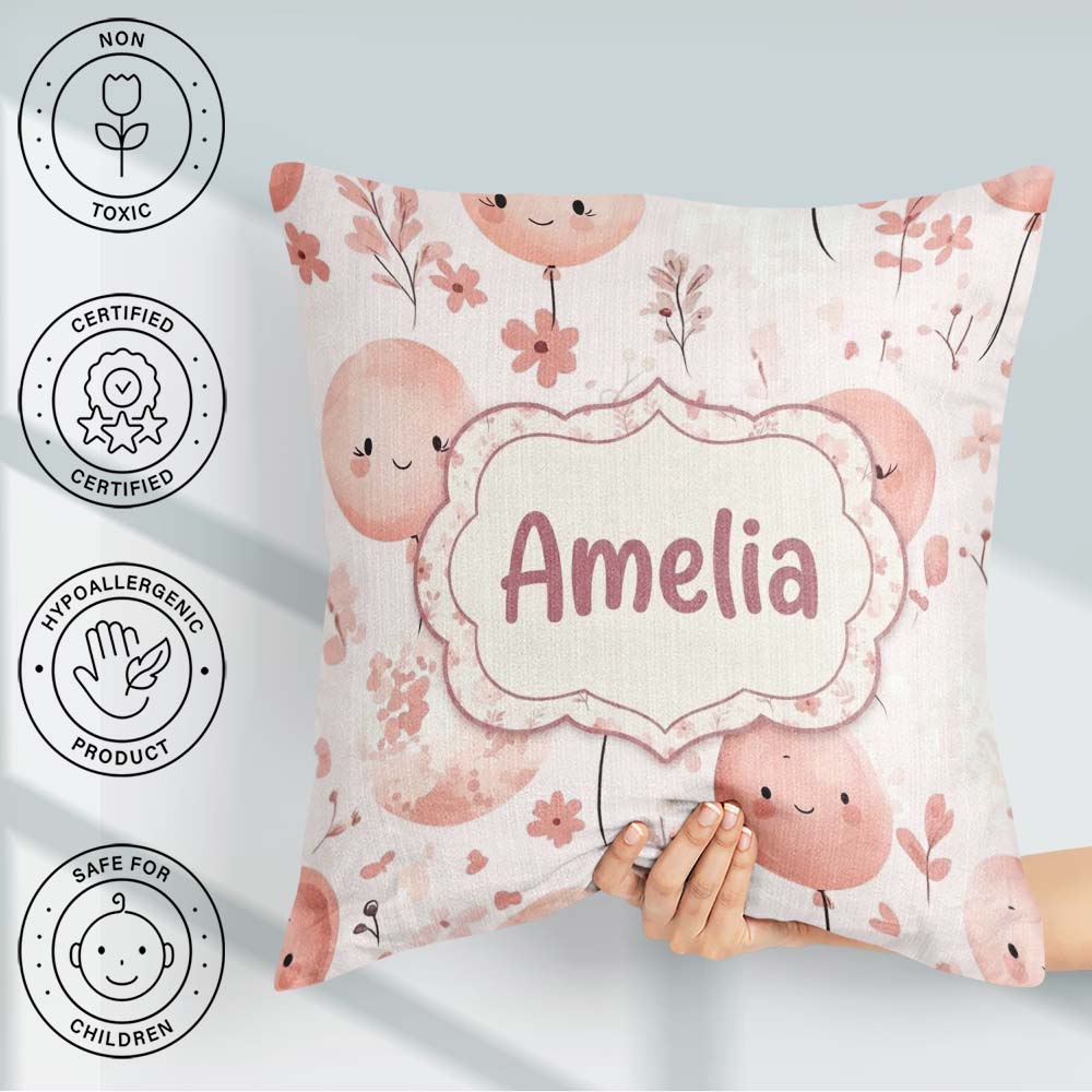 Custom Name Cute Balloon Pastel Kids Party Seamless Pattern Name Square Filled Cushion Throw Pillow Sofa Bed Home Decor Zip Washable UK Made