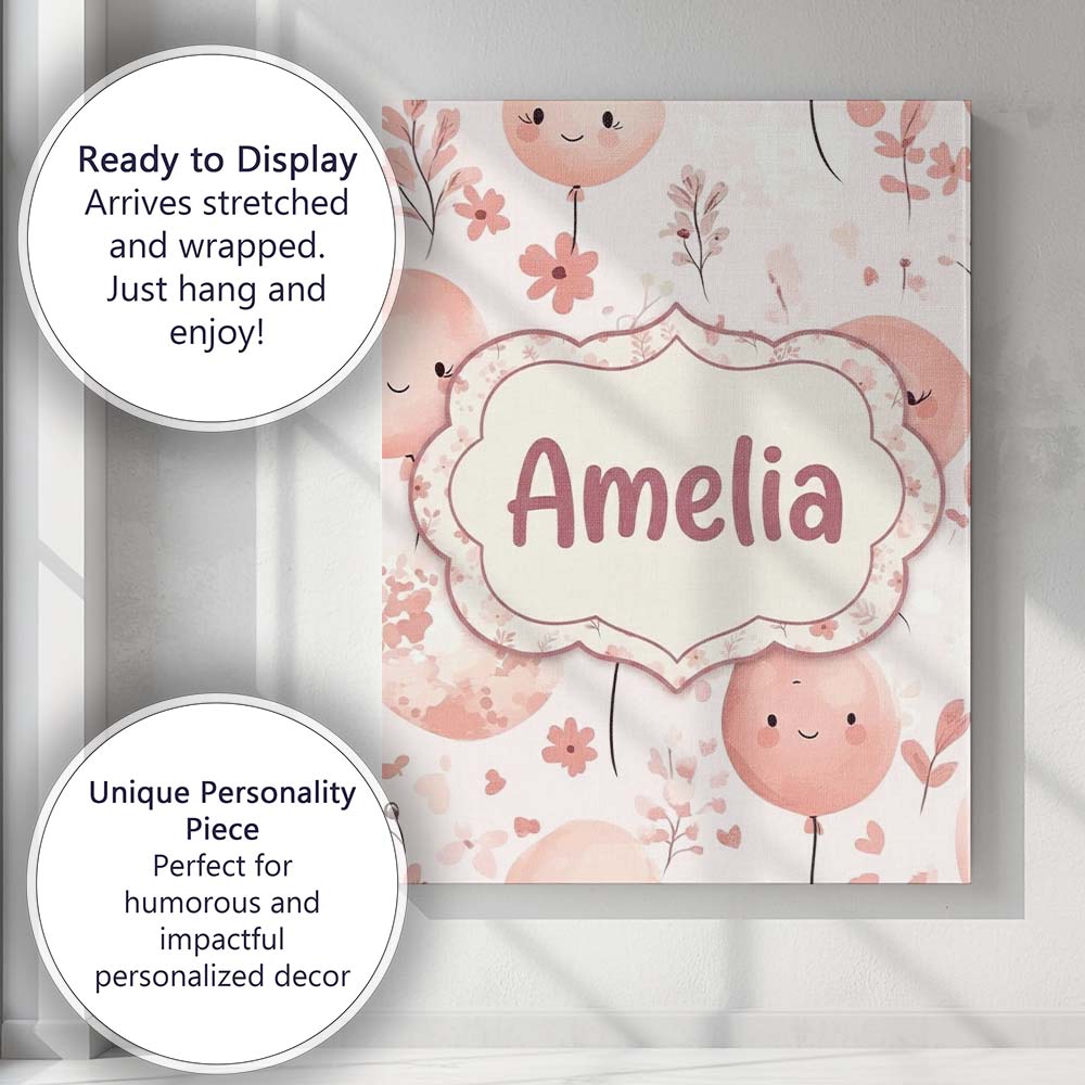 Personalised Name Cute Balloon Pastel Kids Custom  Unique Gift Idea Elegant Feature Canvas Wall Art Print Decor Picture Ready to Hang