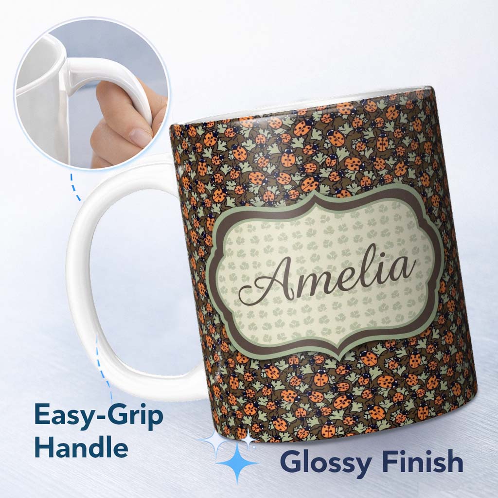 Personalized Custom Name Vintage Ladybug Leaf Nature Seamless Pattern Name Cute Unique Gift 11oz Ceramic Coffee Tea Mug White Large Handle