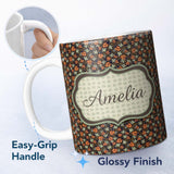 Personalized Custom Name Vintage Ladybug Leaf Nature Seamless Pattern Name Cute Unique Gift 11oz Ceramic Coffee Tea Mug White Large Handle