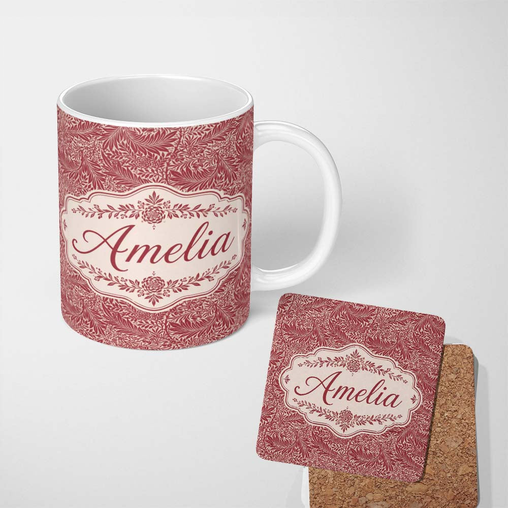 Personalized Custom Name Elegant Red Botanical Floral Classic Seamless Pattern Name Cute 11oz Ceramic Coffee Tea Mug White Large Handle