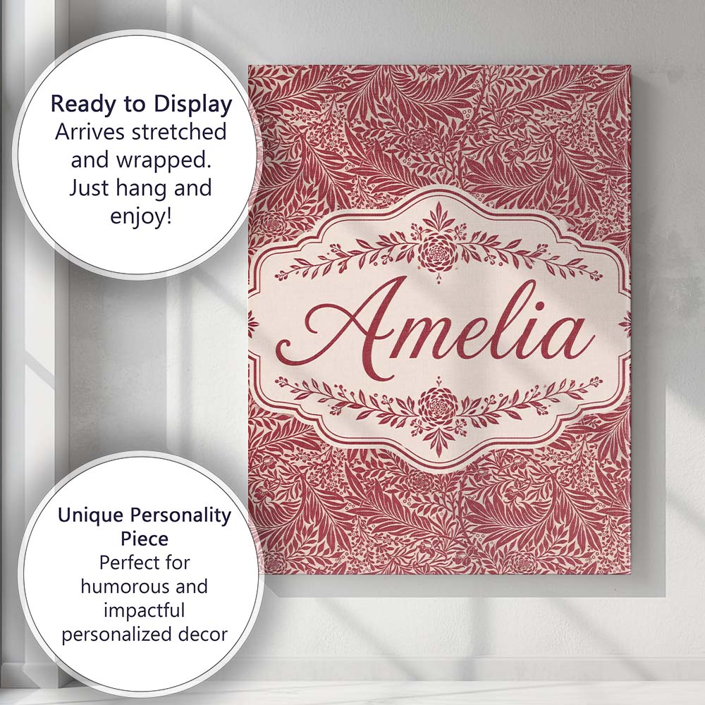 Personalised Name Elegant Red Botanical Custom  Unique Gift Idea Modern Room Accent Canvas Wall Art Print Decor Picture Ready to Hang