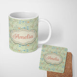 Personalized Custom Name Soft Green Floral Bird Garden Seamless Pattern Name Cute Unique Gift 11oz Ceramic Coffee Tea Mug White Large Handle