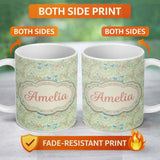Personalized Custom Name Soft Green Floral Bird Garden Seamless Pattern Name Cute Unique Gift 11oz Ceramic Coffee Tea Mug White Large Handle