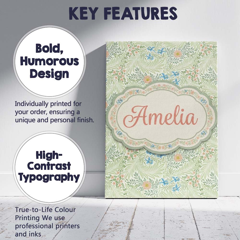 Personalised Name Soft Green Floral Bird Custom  Unique Gift Idea Elegant Feature Canvas Wall Art Print Decor Picture Ready to Hang