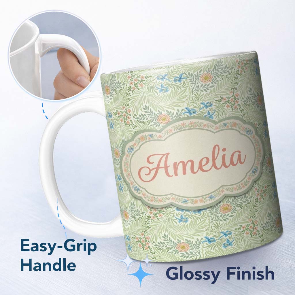 Personalized Custom Name Soft Green Floral Bird Garden Seamless Pattern Name Cute Unique Gift 11oz Ceramic Coffee Tea Mug White Large Handle