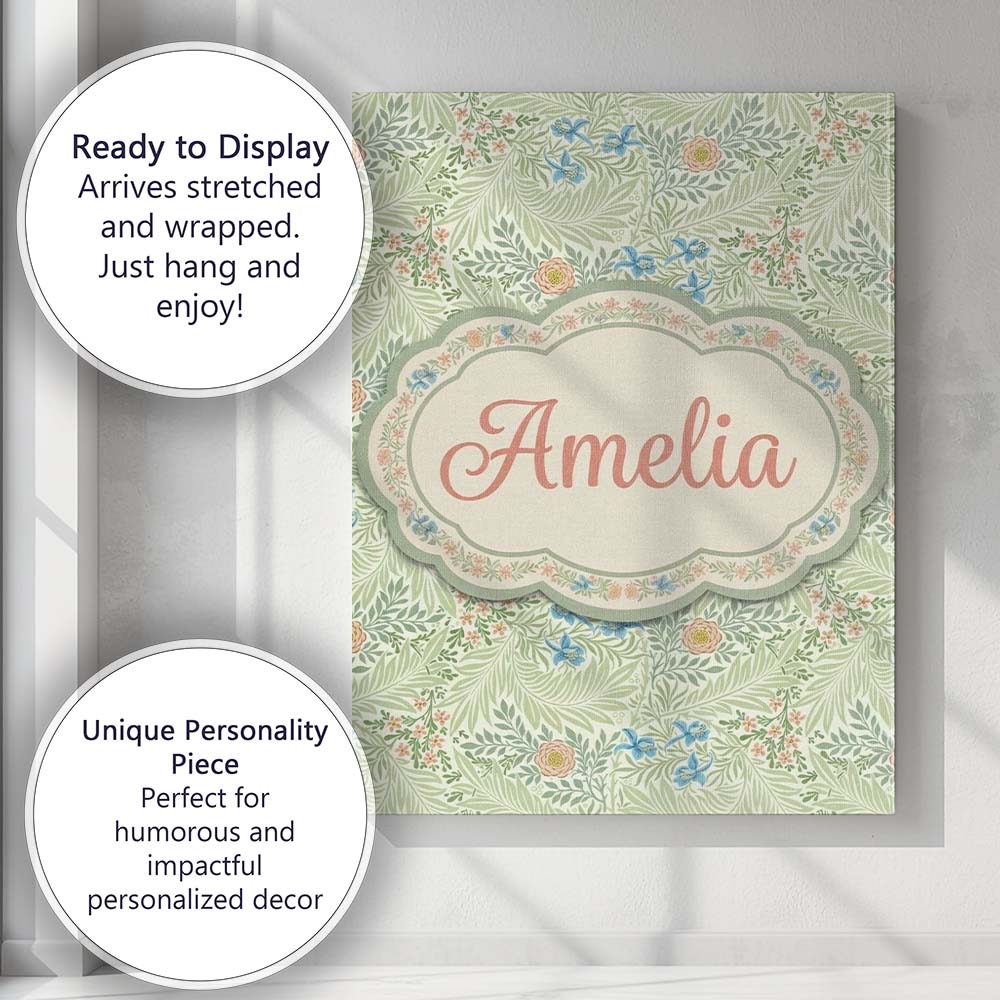Personalised Name Soft Green Floral Bird Custom  Unique Gift Idea Elegant Feature Canvas Wall Art Print Decor Picture Ready to Hang