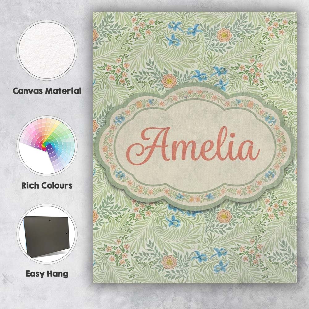 Personalised Name Soft Green Floral Bird Custom  Unique Gift Idea Elegant Feature Canvas Wall Art Print Decor Picture Ready to Hang