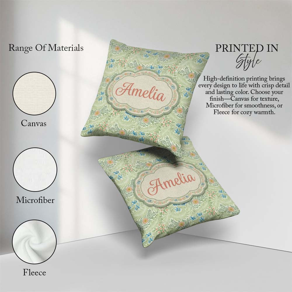 Custom Name Soft Green Floral Bird Garden Seamless Pattern Name Square Filled Cushion Throw Pillow Sofa Bed Home Decor Zip Washable UK Made