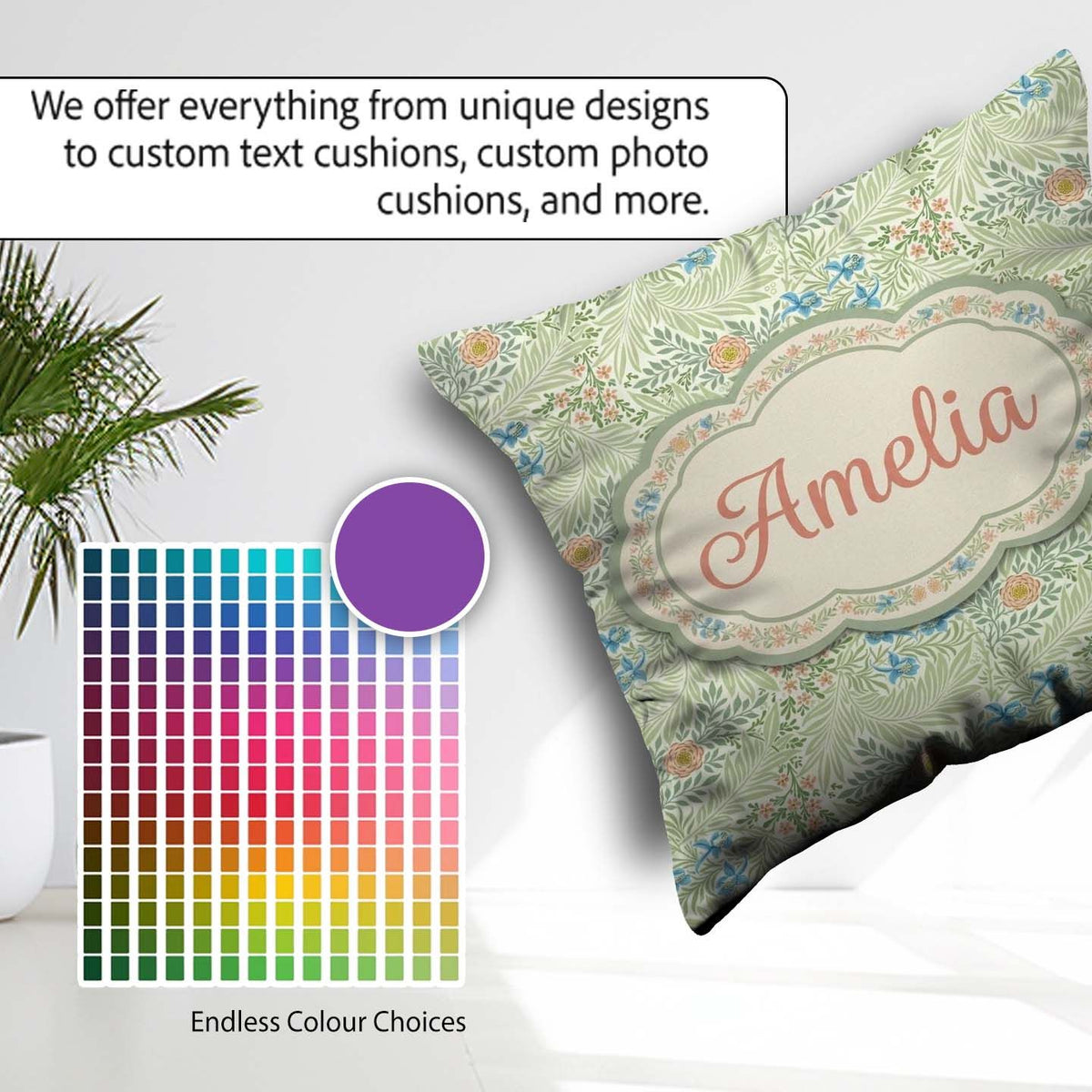 Custom Name Soft Green Floral Bird Garden Seamless Pattern Name Square Filled Cushion Throw Pillow Sofa Bed Home Decor Zip Washable UK Made