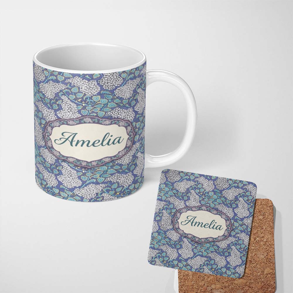 Personalized Custom Name Blue Hydrangea Floral Vintage Seamless Pattern Name Cute Unique Gift 11oz Ceramic Coffee Tea Mug White Large Handle