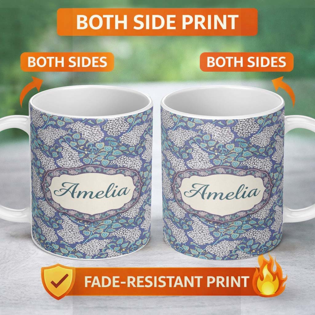 Personalized Custom Name Blue Hydrangea Floral Vintage Seamless Pattern Name Cute Unique Gift 11oz Ceramic Coffee Tea Mug White Large Handle