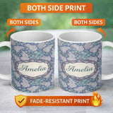 Personalized Custom Name Blue Hydrangea Floral Vintage Seamless Pattern Name Cute Unique Gift 11oz Ceramic Coffee Tea Mug White Large Handle