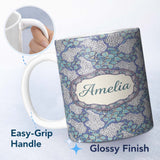 Personalized Custom Name Blue Hydrangea Floral Vintage Seamless Pattern Name Cute Unique Gift 11oz Ceramic Coffee Tea Mug White Large Handle