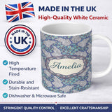 Personalized Custom Name Blue Hydrangea Floral Vintage Seamless Pattern Name Cute Unique Gift 11oz Ceramic Coffee Tea Mug White Large Handle