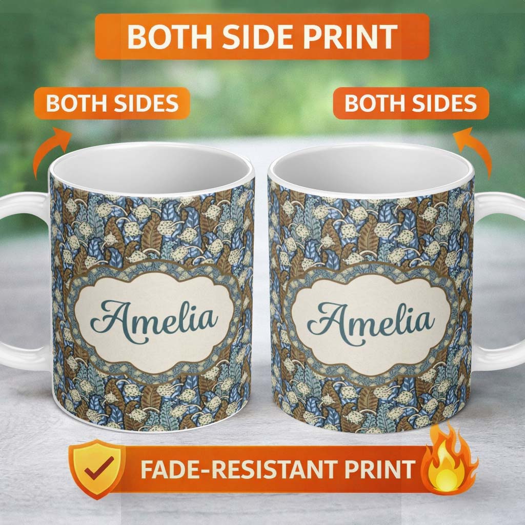 Personalized Custom Name Art Nouveau Lily Bell Floral Seamless Pattern Custom Name Cute 11oz Ceramic Coffee Tea Mug White Large Handle
