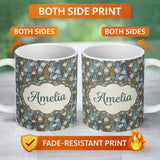 Personalized Custom Name Art Nouveau Lily Bell Floral Seamless Pattern Custom Name Cute 11oz Ceramic Coffee Tea Mug White Large Handle