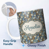 Personalized Custom Name Art Nouveau Lily Bell Floral Seamless Pattern Custom Name Cute 11oz Ceramic Coffee Tea Mug White Large Handle
