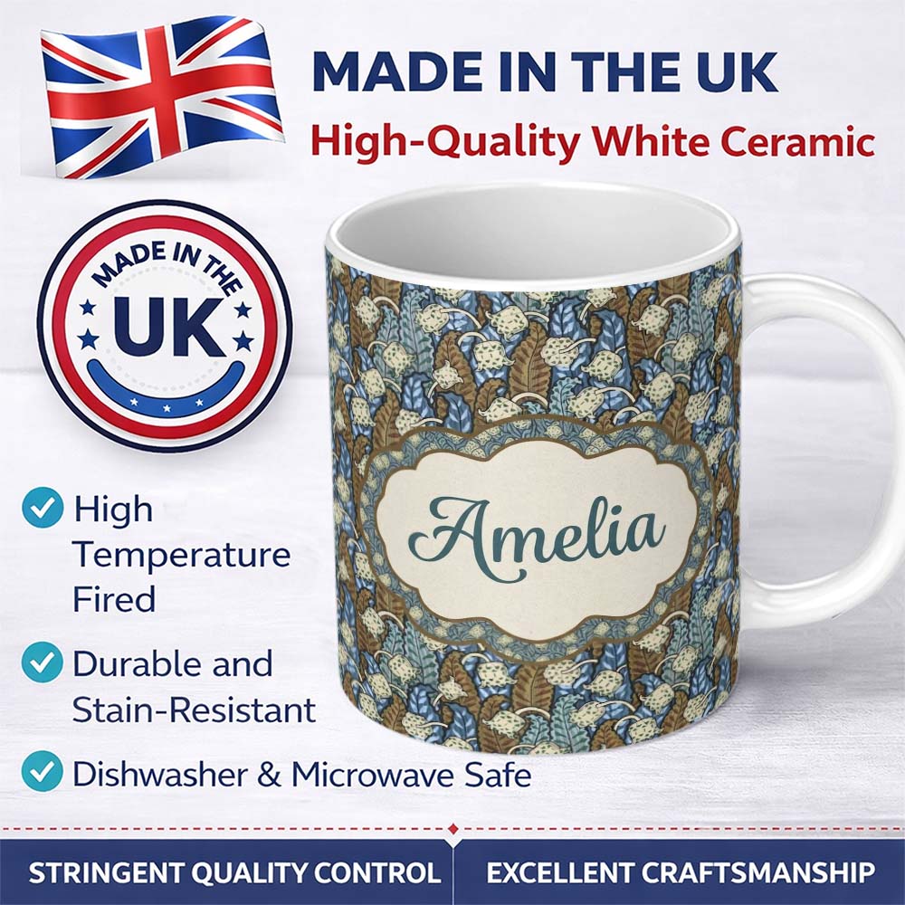 Personalized Custom Name Art Nouveau Lily Bell Floral Seamless Pattern Custom Name Cute 11oz Ceramic Coffee Tea Mug White Large Handle