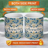 Personalized Custom Name William Morris Style Blue Floral Seamless Pattern Name Cute Unique 11oz Ceramic Coffee Tea Mug White Large Handle