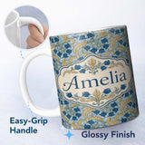 Personalized Custom Name William Morris Style Blue Floral Seamless Pattern Name Cute Unique 11oz Ceramic Coffee Tea Mug White Large Handle