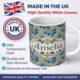 Personalized Custom Name William Morris Style Blue Floral Seamless Pattern Name Cute Unique 11oz Ceramic Coffee Tea Mug White Large Handle
