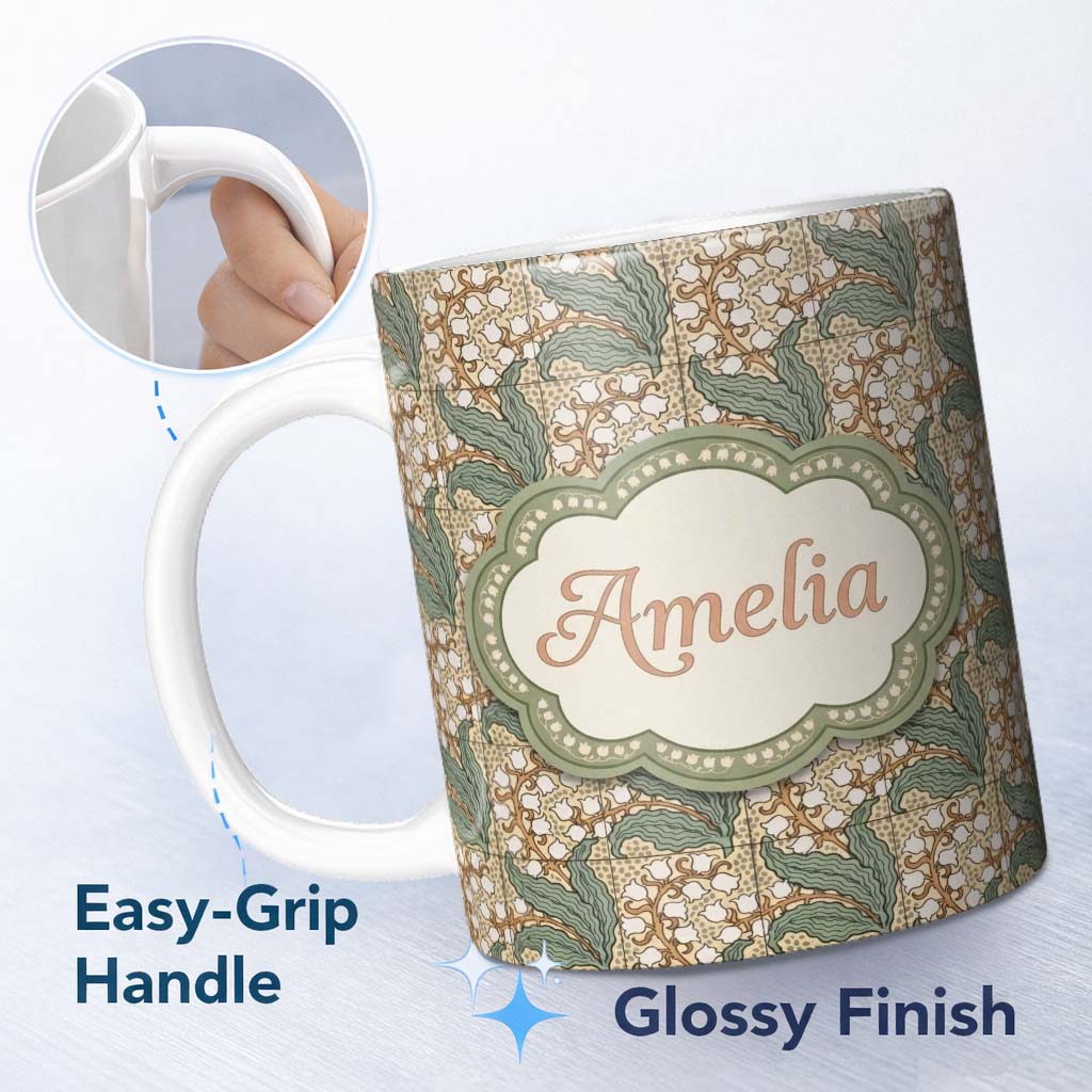 Personalized Custom Name Vintage Lily Of The Valley Tile Seamless Pattern Name Cute Unique 11oz Ceramic Coffee Tea Mug White Large Handle